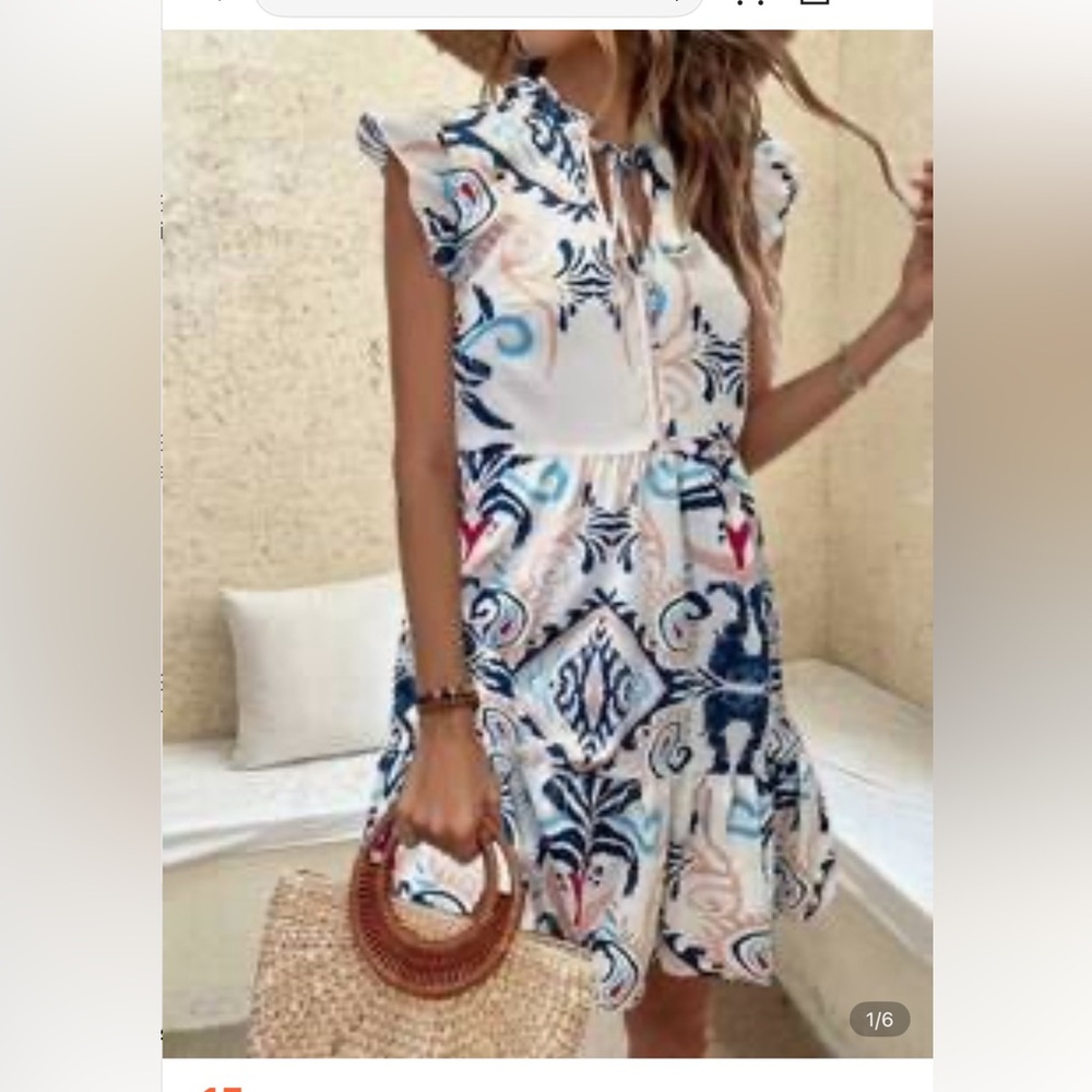 SHEIN Blue and Pink Patterned Midi Dress